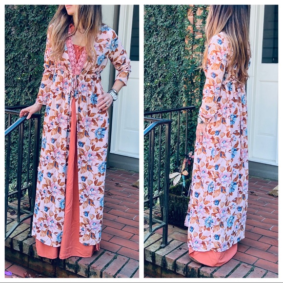 Boho Floral Maxi Length Kimono Duster Dress - Picture 2 of 5